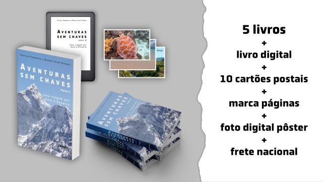 5 livros físicos, 1 digital e 10 postais